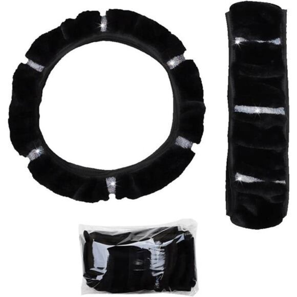 Velvet Fluffy Steering Wheel Cover, Diamond Bling Bling Crystal Rhinestones - Picture 5 of 7